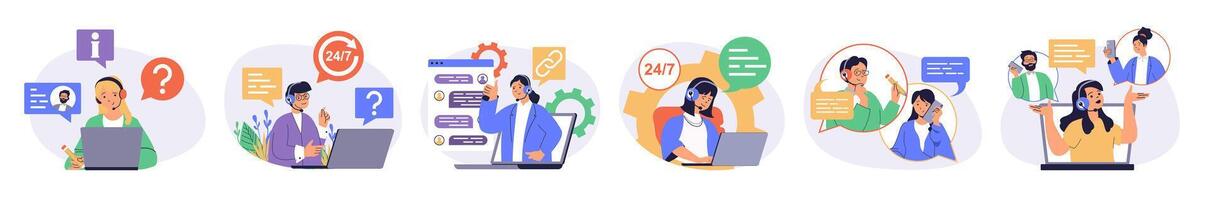 Call center concept set with characters in flat design for web. People work as operators in support service, answering calls and online messages, consulting and helping clients. illustrations. vector