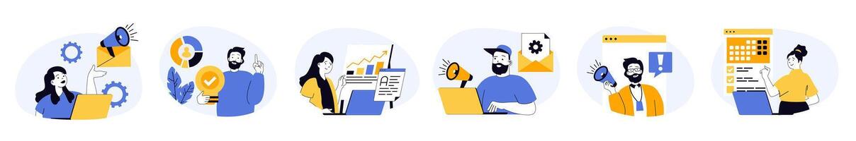 Marketing and development concept set with characters in flat design for web. People with megaphone making data analysis, creating promotion with content plan and advertising. illustrations. vector