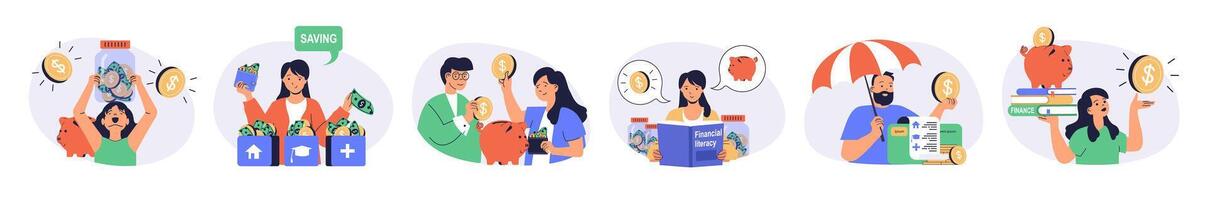 Financial literacy concept set with characters in flat design for web. People saving money in piggy bank, managing personal finance, investing money and using banking services. illustrations. vector