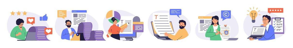 Copywriter concept set with characters in flat design for web. People working as online journalists, writing articles for publication, making information posts in social media. illustrations. vector