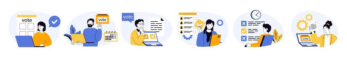 Online voting concept set with characters in flat design for web. People thinking and making political decisions, analyzing candidate ratings, filling election list with ticks. illustrations. vector