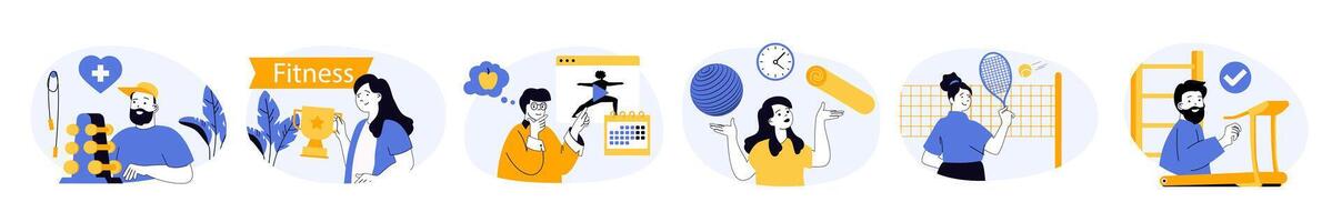 Fitness concept set with characters in flat design for web. People exercising with dumbbells in gym, playing tennis, running at treadmill, planning diet, prepare to championship. illustrations. vector
