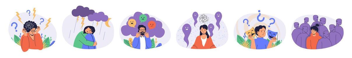 Mental health problem concept set with characters in flat design for web. People feeling negative emotions and has anxiety, crying, stress and nervous illness, suffering fears. illustrations. vector