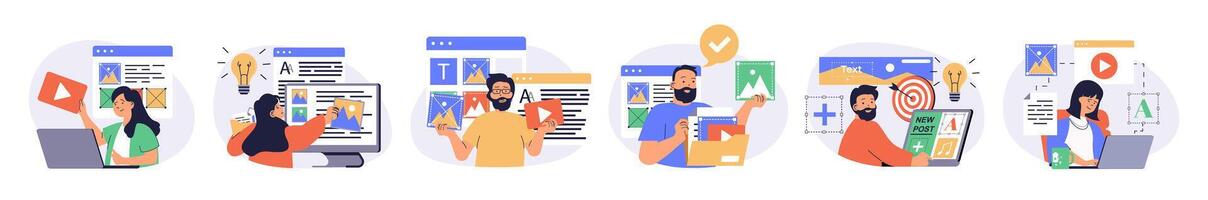 Content manager concept set with characters in flat design for web. People filling sites with images and graphics, writing articles for publication, making posts in online blog. illustrations. vector
