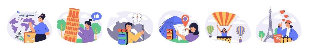 Travel and tourism concept set with characters in flat design for web. People with luggage flying in trip, visiting new countries with sightseeing excursions, hiking and camping. illustrations. vector