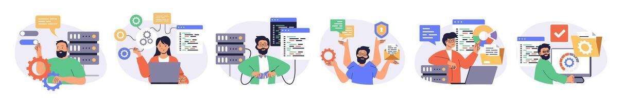 System administrator concept set with characters in flat design for web. People monitoring server infrastructure, doing maintenance and technical repair, managing database. illustrations. vector