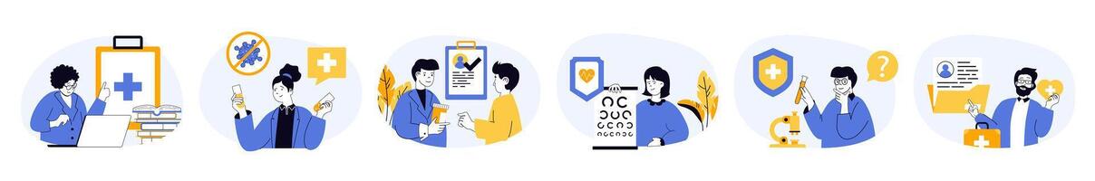 Medical concept set with characters in flat design for web. People makes diagnosis, prescribes treatments and and prevention procedures, visiting ophthalmologist in clinic. illustrations. vector
