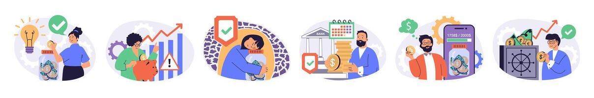 People saving money concept set with characters in flat design for web. Man and woman planning budget, managing personal finance, investing and doing deposit and getting profit. illustrations. vector