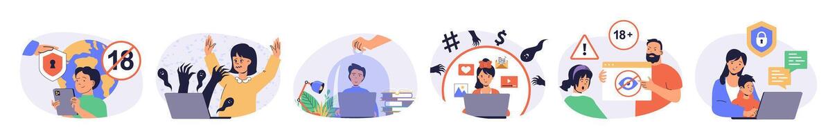 Internet cyber safety for kids concept set with characters in flat design for web. People protecting children online privacy with parental control software, block danger content. illustrations. vector