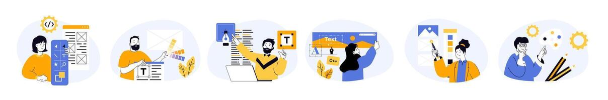 Design development concept set with characters in flat design for web. People prototyping and coding layouts, selecting colour palettes, placing content, creating graphics. illustrations. vector