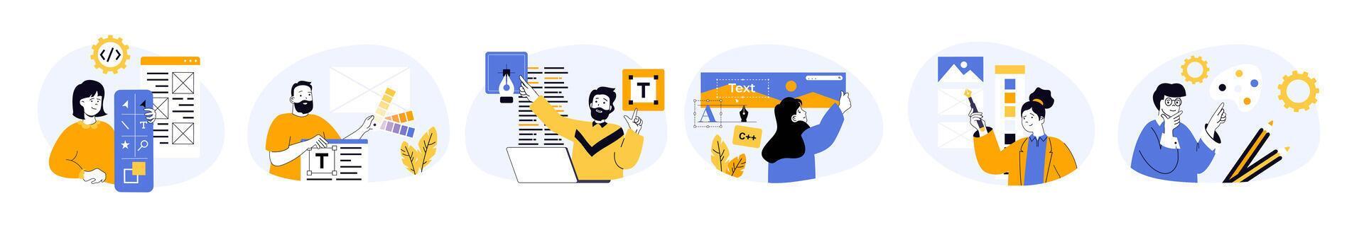 Design development concept set with characters in flat design for web. People prototyping and coding layouts, selecting colour palettes, placing content, creating graphics. illustrations.