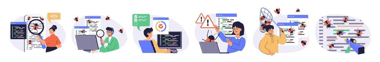Software testing concept set with characters in flat design for web. People searching and finding bugs in program code and fixing mistakes, doing quality assurance analysis. illustrations. vector