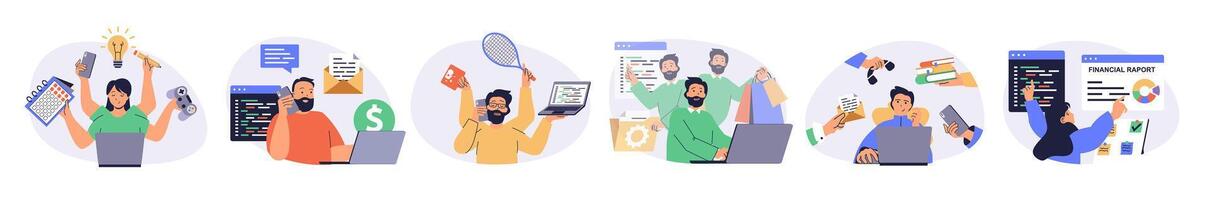 Multitasking concept set with characters in flat design for web. People brainstorming, planning, calling, talking, playing, earning money, doing tasks in same time in office. illustrations. vector