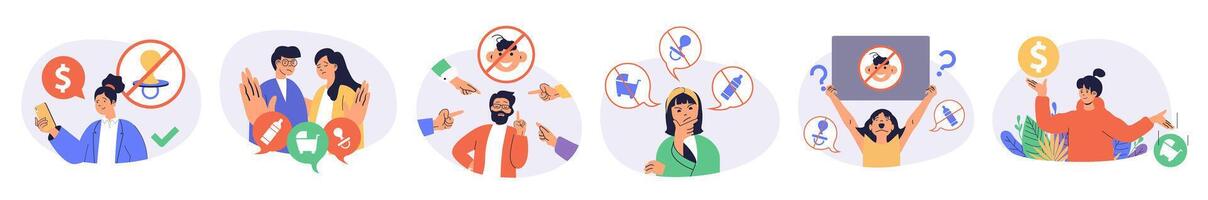 Childfree by choice concept set with characters in flat design for web. People make decision not to have children and develop career, denied parenthood, get society pressure. illustrations. vector