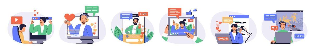 streaming concept set with characters in flat design for web. People watching blogger live translation or , following, creating blog contents and record podcasts. illustrations. vector