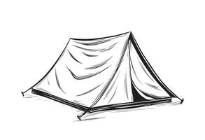 Camp Tent. Hand drawn illustration of old traditional equipment for hiking or travel on isolated background. Drawing of retro camping for trip in a forest. Linear sketch of Campsite. vector