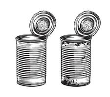 Open vintage Tin Can depicting its textured surface sketch engraving illustration. Tin can with rust for travel or hiking in painted by black inks. Drawn food camp cooking in expedition. vector