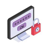 Secure password entry on screen, authentication and access control isometric icon vector
