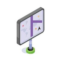 Large digital screen displaying a map with navigation routes vector