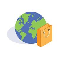 Shopping bag with world globe concept isometric icon of global shopping vector