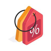 Isometric icon of a price tag with a percentage symbol, representing discounts vector