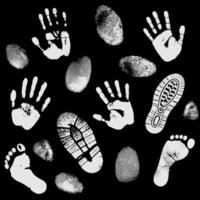Set of imprint white silhouette. Handprints, footprints, fingerprints. Isolated on black background vector