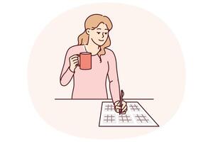 Woman solves sudoku puzzle and drinks hot tea enjoying math brain teasers demonstrates high IQ vector