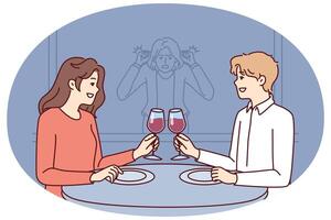 Stalker girl is watching date of former boyfriend drinking wine in restaurant with new girlfriend vector