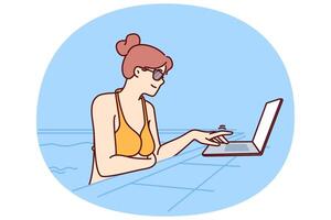 Woman freelancer is swimming in pool and using laptop doing work over internet or wifi vector
