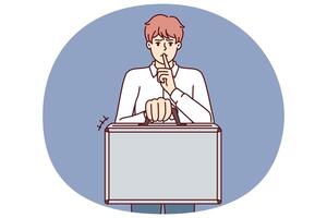 Business man holds suitcase and calls for silence without disclosing terms of contract and NDA rules vector
