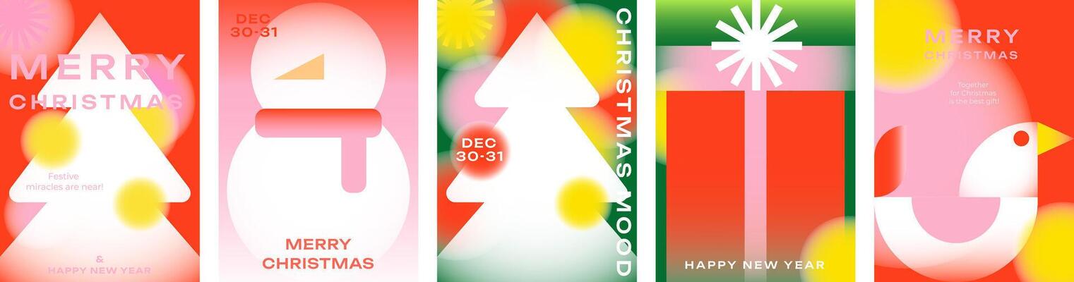 Festive Christmas and New Year cards with trees, snowman and gifts. Perfect for holiday greetings, invitations, banners and other Christmas projects. Bright and modern design for the holiday season.