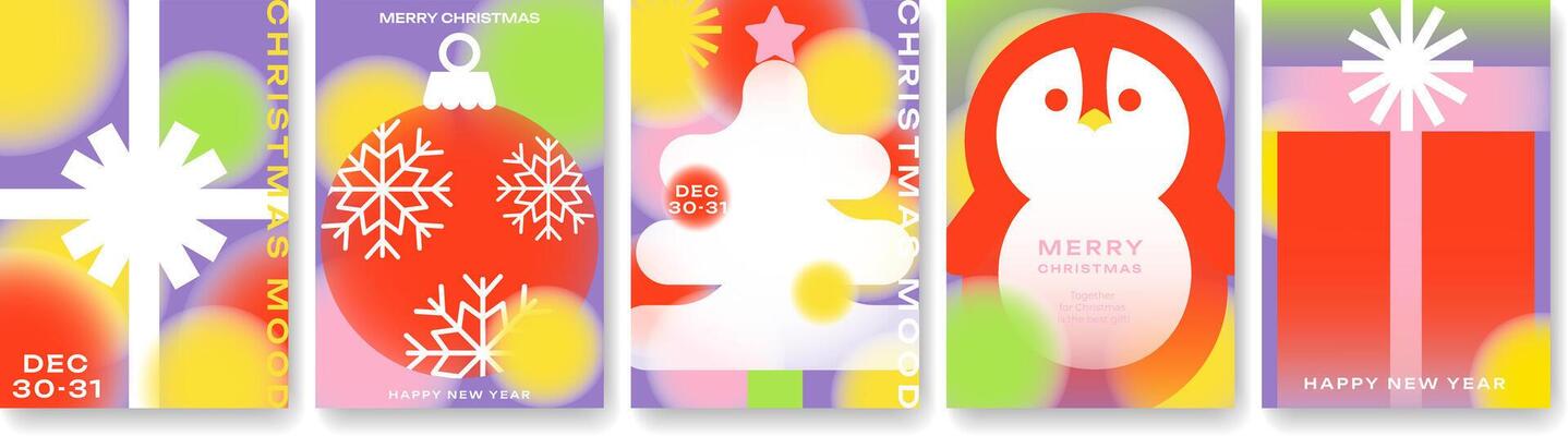 Festive Christmas and New Year cards with trees, penguin, and gifts. Perfect for holiday greetings, invitations, banners, and other Christmas projects. Bright and modern design for the holiday season.