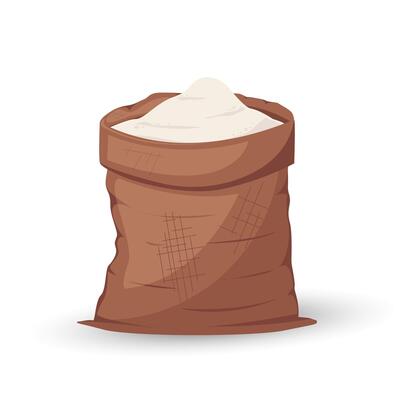 Full bag of flour. Cartoon open big burlap brown sack with pile of flour. illustration for banner, postcard, packaging