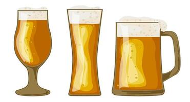 Set of various beer glasses filled to the brim with a golden amber brew. Beer mugs with foam. ector designs for use in banner,poster,card,invitation. Oktoberfest vector