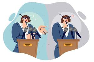 Glossphobia in woman speaking in front of audience, standing near podium with microphones vector