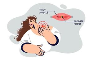Taut muscle and trigger point in woman neck, causing pain due to poor posture and long of working vector