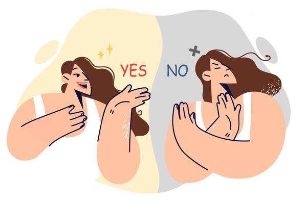 Different decisions from two women demonstrating gesture of denial or agreement to proposal heard