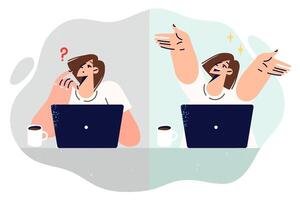 Thoughtful woman is happy to have solved difficult problem and sits near laptop with cup of tea vector