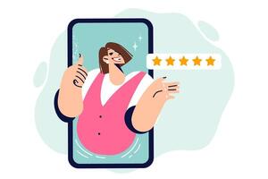 Positive user experience from using mobile app on phone, with woman showing thumbs up vector