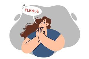 Helpless woman says please and makes piteous expression on face, asking for help vector