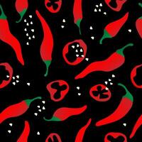 Seamless pattern with hand drawn red chili pepper on black background. Design for fabric, kitchen decor, wallpaper packaging paper. vector