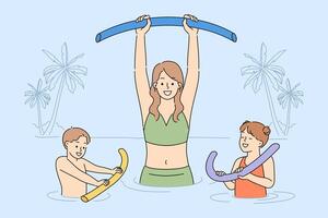 Water aerobics for family of mother and joyful children relaxing in pool on seashore vector