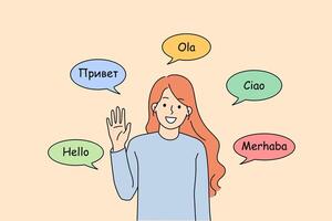 Polyglot woman says hello in different languages and waves hand in friendly manner vector