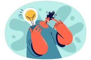 Smiling man with lightbulb develop ideas vector