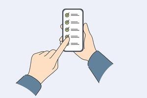 Applications for task management on phone in hands of person using checklist with ticks vector