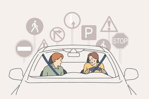 Man bad driver and panics driving car and gets confused with road signs due to weak nervous system vector