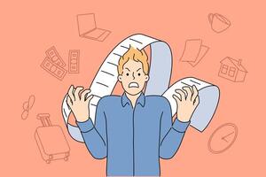 Angry man nervous due to overload of tasks and lack of multitasking skills to increase productivity vector