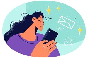 Smiling woman send messages on cellphone vector