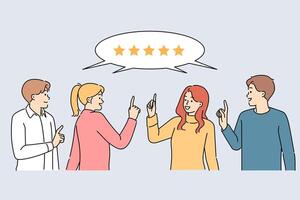 Loyal customers give five-star rating after using product, reporting successful user experience vector