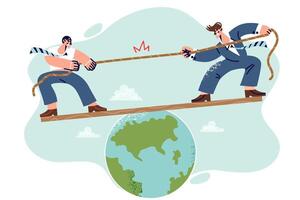 Political struggle between presidents of different countries, tug of war standing on planet earth vector